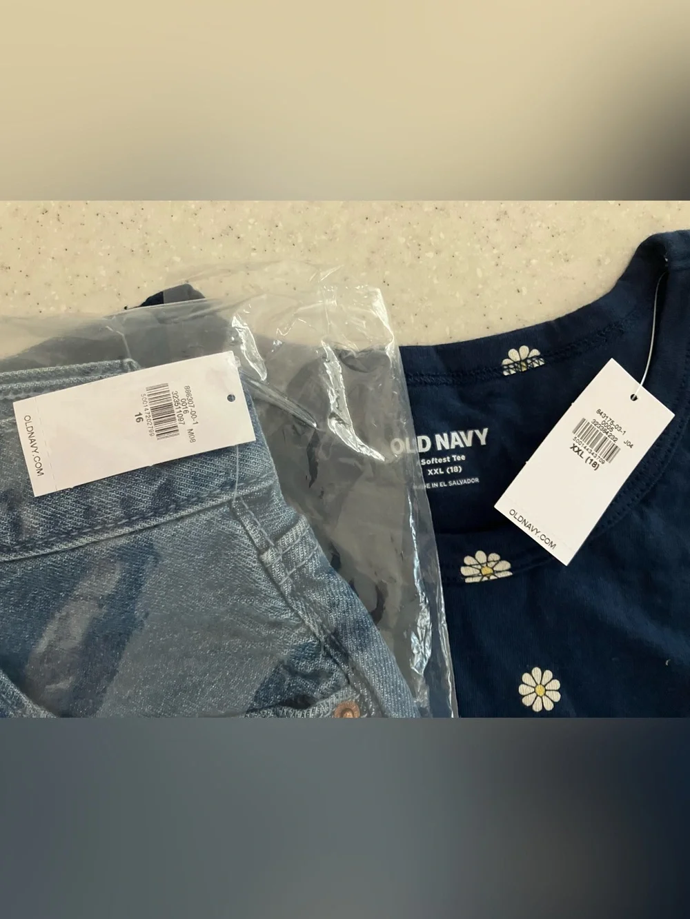 BIG KIDS 2 Pc Lot Old Navy XL 16 Shorts & XXL 18 Navy Tee White Daisy Design NWT